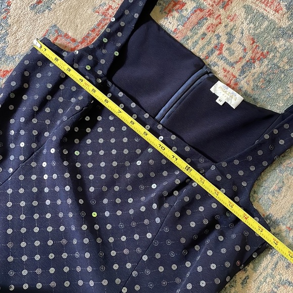 Paule Ka square neck moire navy blue dress clear sequins size 44 hidden zipper - Picture 13 of 15